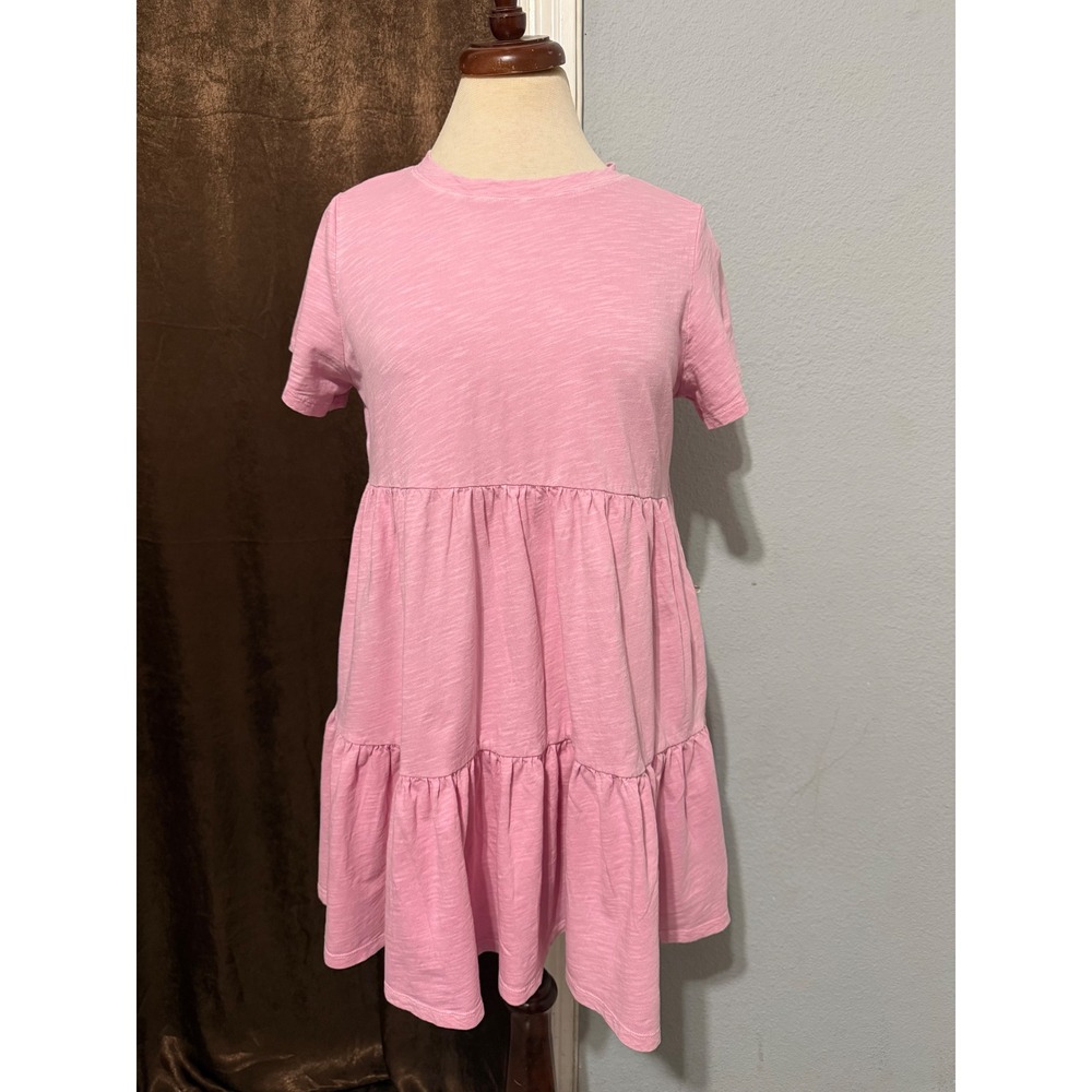 Old Navy Petite 100% Cotton Mini Dress Size S Pink Tiered Slub Knit Pockets